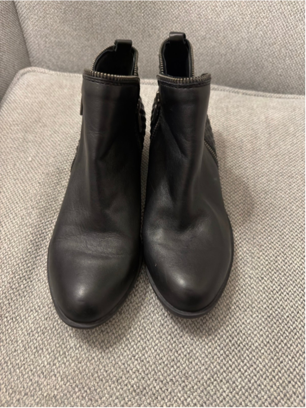 Lucky Brand Basel Ankle Booties smooth black leather with woven heel section W9